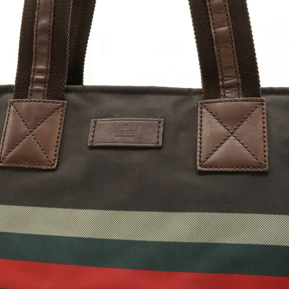 Gucci Brown Bag Sherry Line Leather Tote Green Diamante Red Nylon - Picture 7 of 8